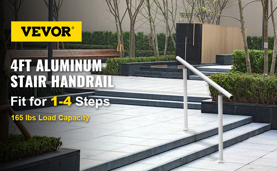 VEVOR outdoor stair railing kit for 1-4 steps with 165 lbs load capacity installed in a garden.