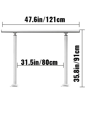VEVOR outdoor stair railing kit: 47.6in width, 35.8in height, 31.5in post gap.