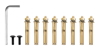 anchors, bolts, and an allen wrench from the VEVOR outdoor stair railing kit.