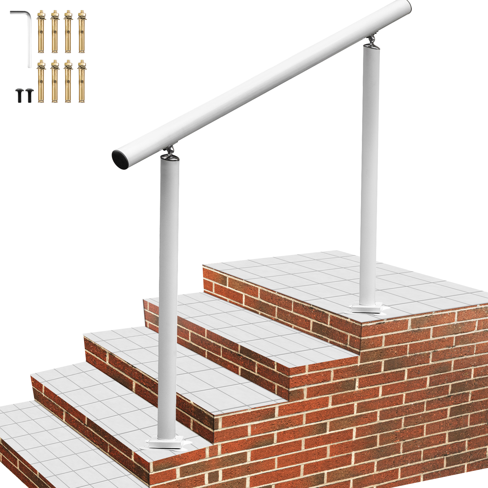 VEVOR outdoor stair railing kit with white handrail, brick stairs, and mounting hardware.