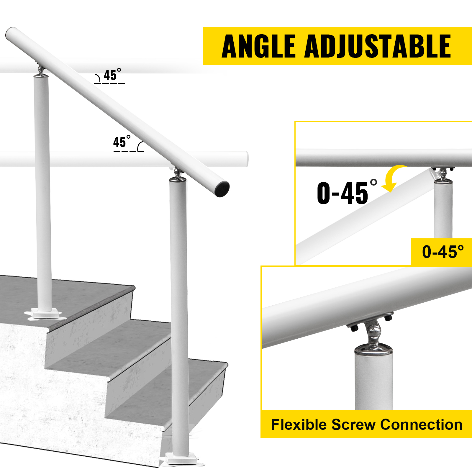 VEVOR outdoor stair railing kit, angle-adjustable from 0-45 degrees with flexible connections.