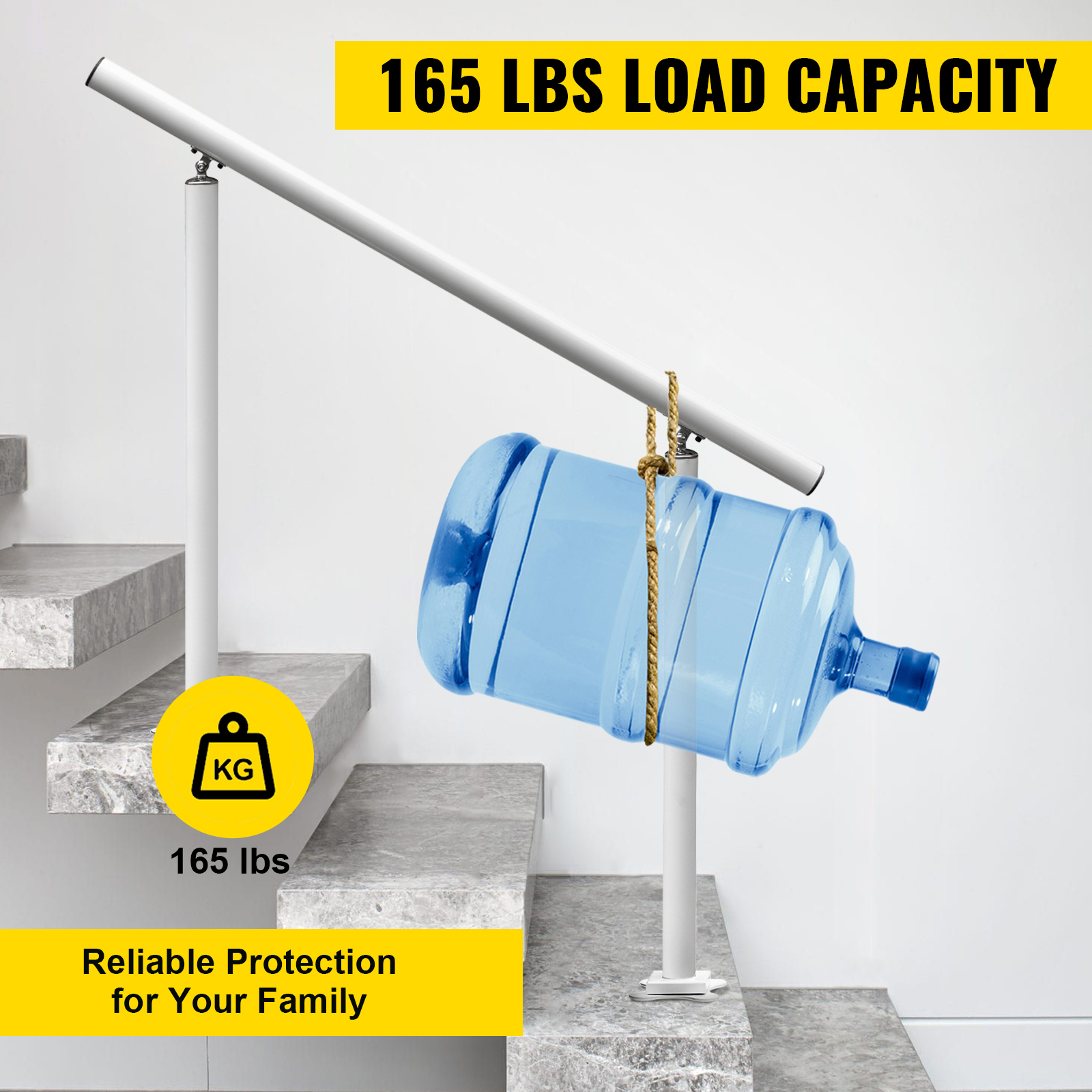 VEVOR outdoor stair railing kit with 165 lbs load capacity restricting large water jug.