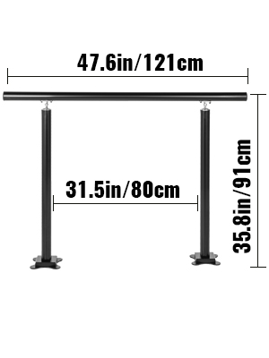 VEVOR outdoor stair railing with dimensions: 47.6in wide, 31.5in apart, 35.8in height.