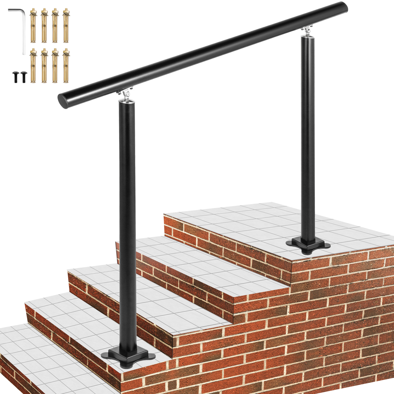 black VEVOR outdoor stair railing on red brick steps with installation hardware included.