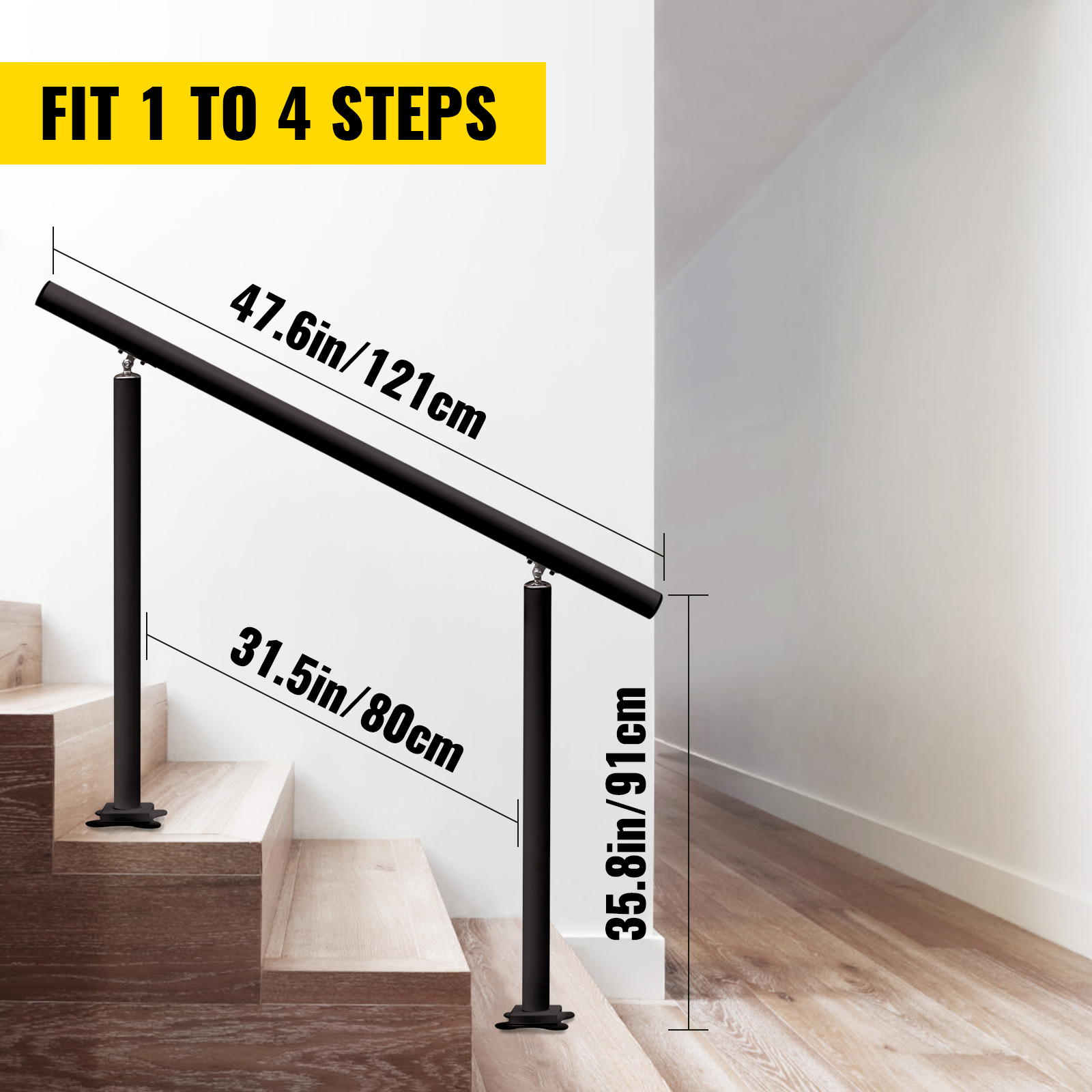VEVOR outdoor stair railing, black, fits 1-4 steps, adjustable height, dimensions shown.