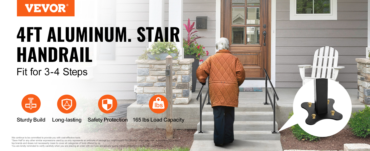 VEVOR outdoor handrail, 4ft aluminum, fits 3-4 steps, sturdy build, long-lasting.
