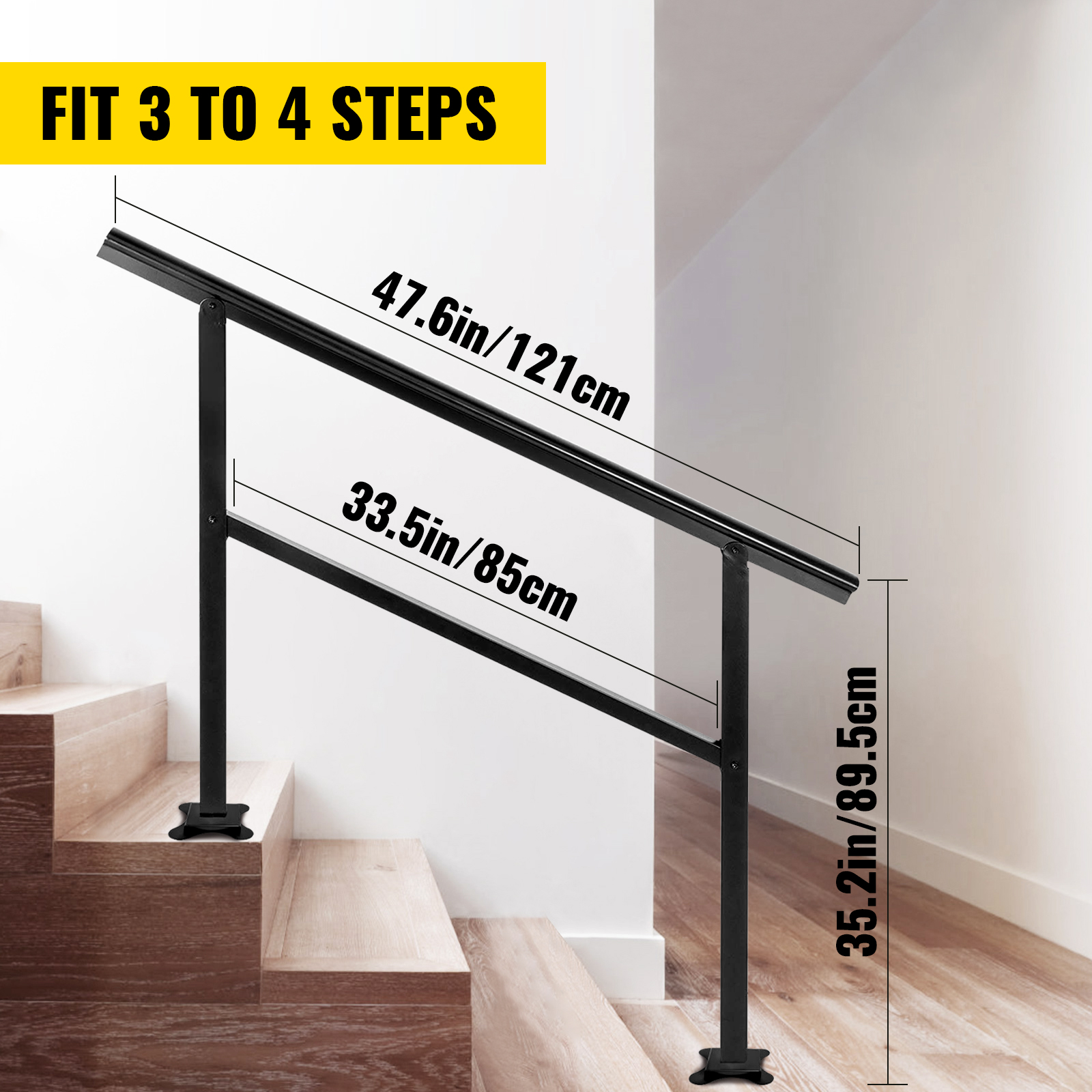 VEVOR outdoor handrail for 3 to 4 steps, 47.6in long, 35.2in high, black metal