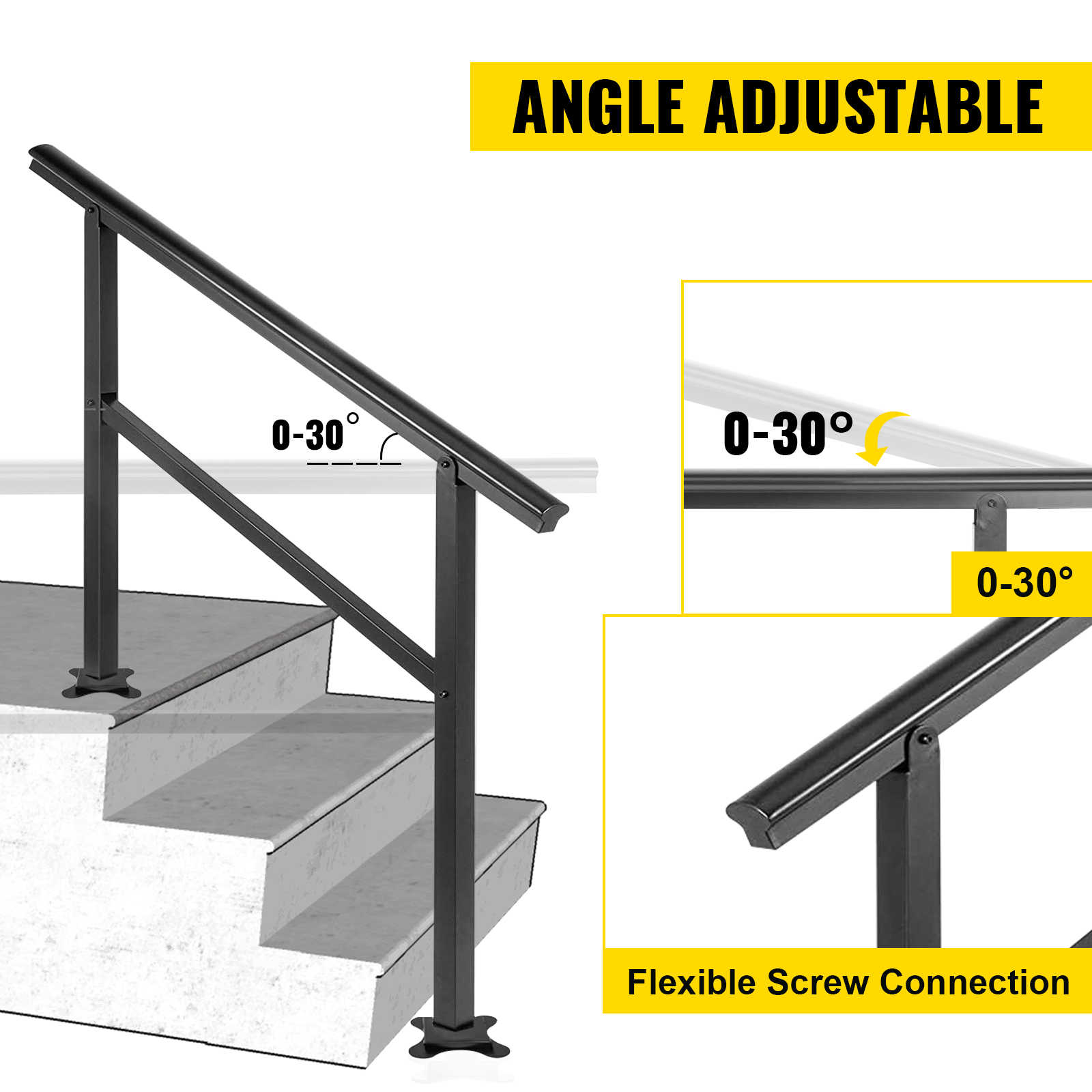 adjustable VEVOR outdoor handrail with angle range of 0-30° and flexible screw connection.