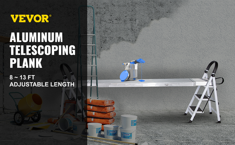 VEVOR aluminum work plank with adjustable length in a construction setting.
