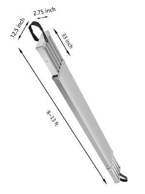 VEVOR aluminum work plank, extendable, with dimensions labeled in inches and feet.