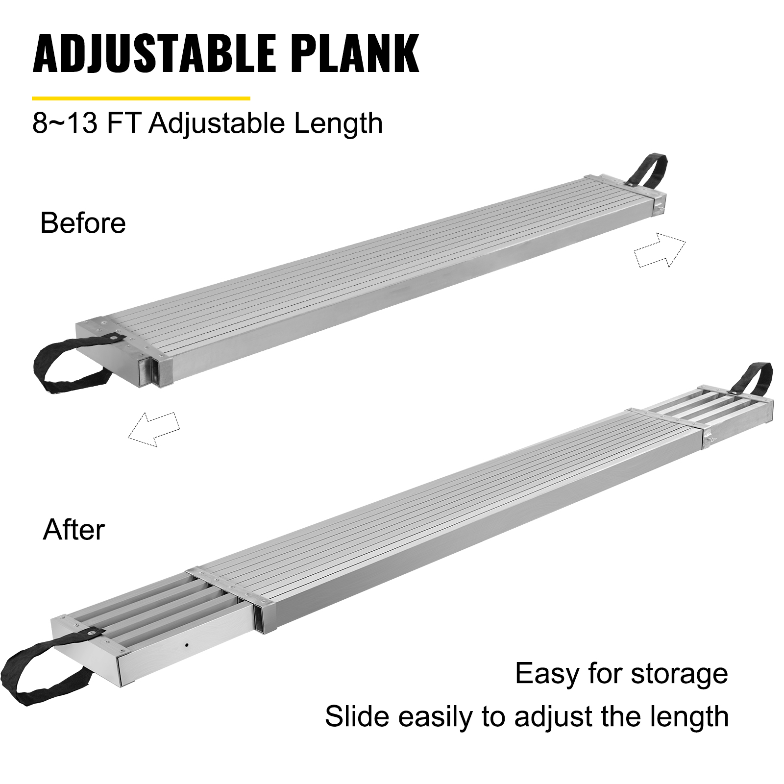 VEVOR aluminum work plank, adjustable length 8-13 feet, easy storage and sliding.