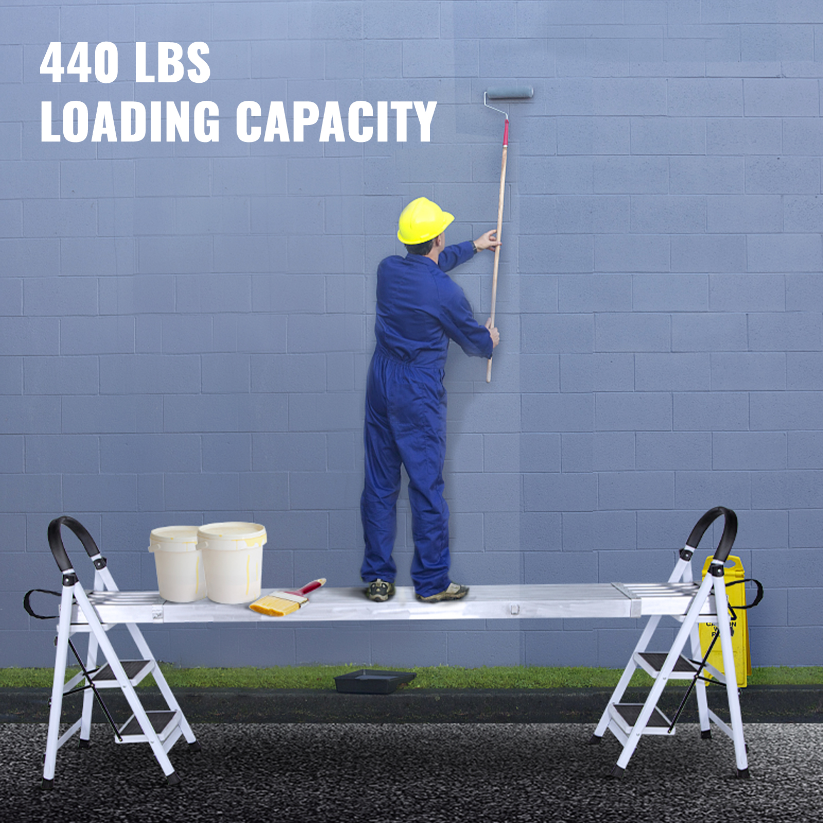 worker painting wall using VEVOR aluminum work plank, holding 440 lbs capacity.