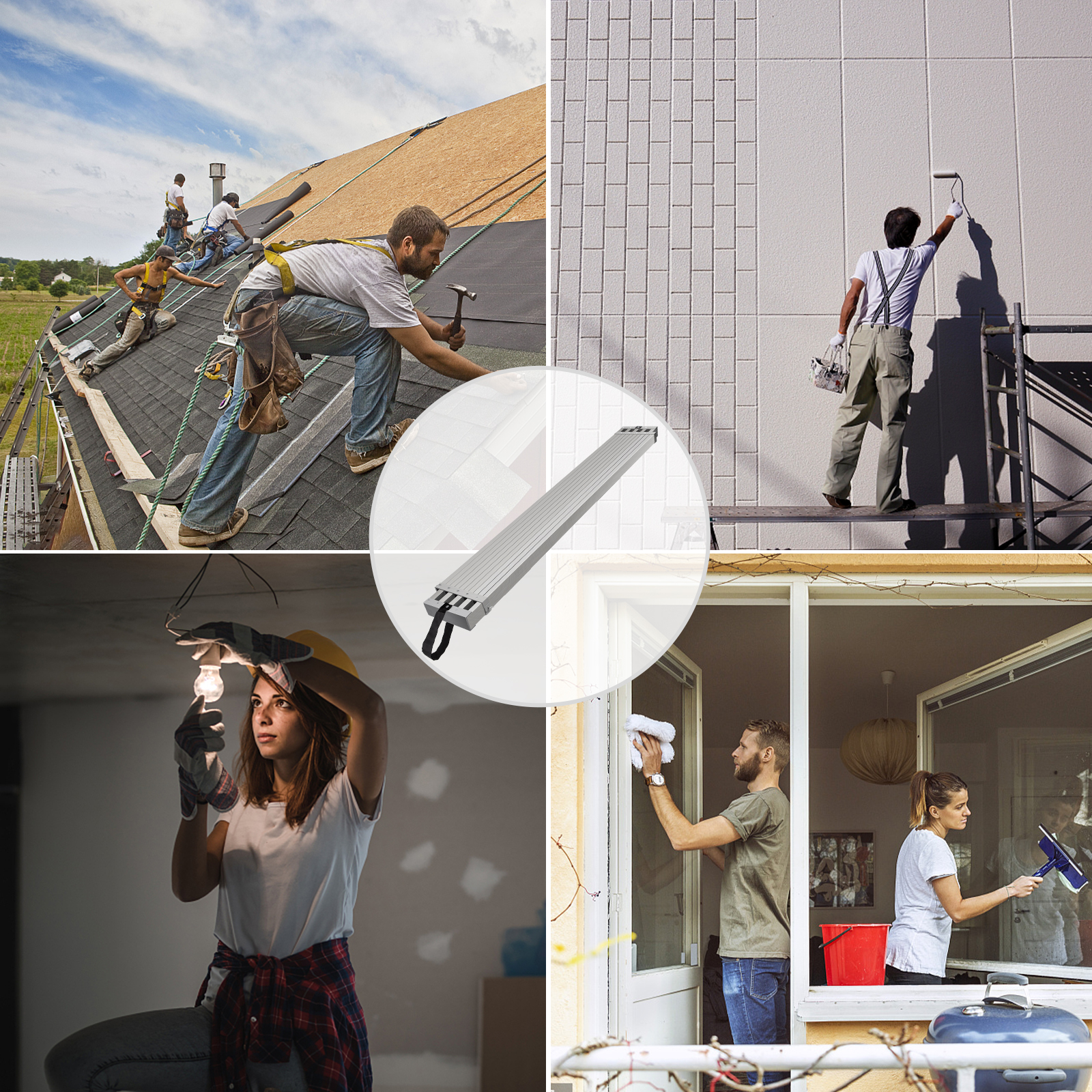 workers using VEVOR aluminum work plank for roof installation and painting tasks