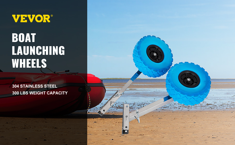 VEVOR boat transom launching wheels with blue tires on a sandy beach.