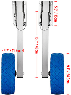 VEVOR boat transom launching wheel with dimensions highlighted in red text.
