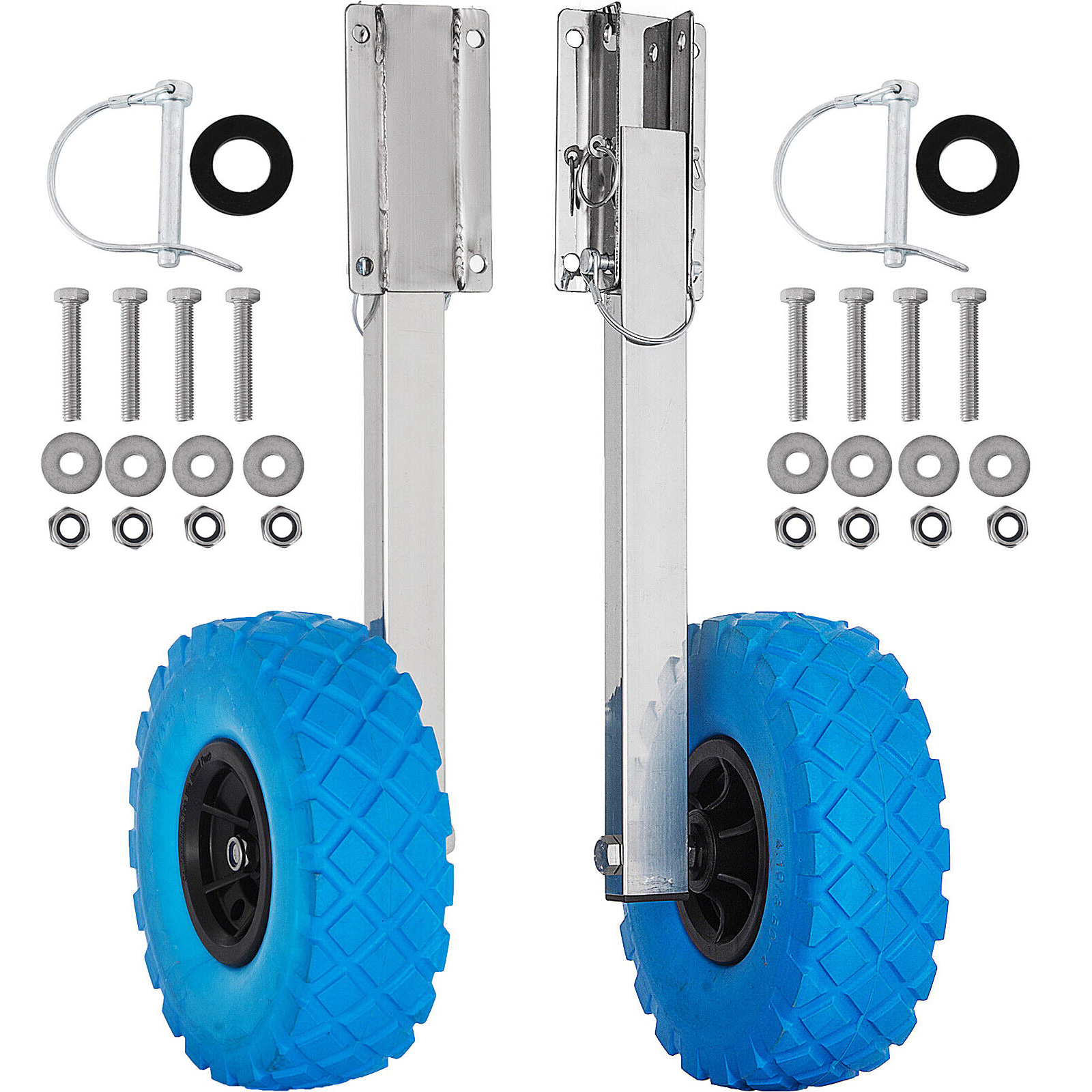 VEVOR boat transom launching wheel with blue tires and mounting hardware.