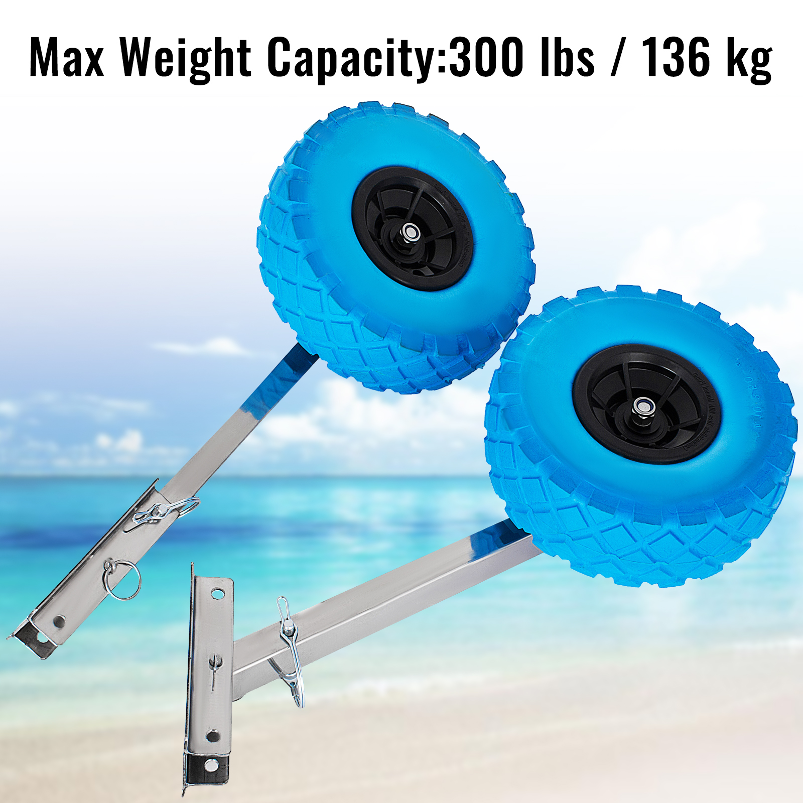 VEVOR boat transom launching wheel with 300 lbs capacity on a beach background.