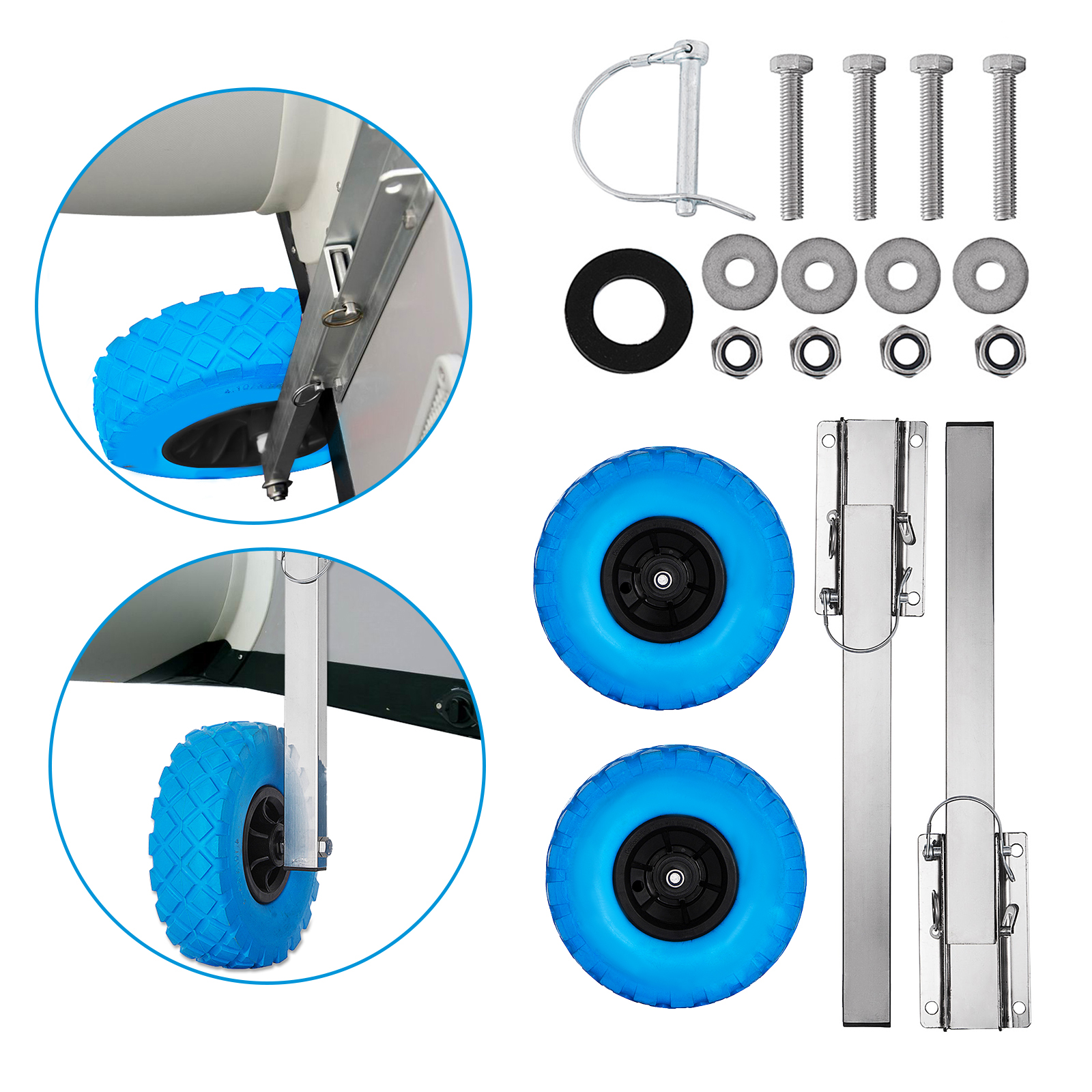 VEVOR boat transom launching wheel components with blue wheels and mounting hardware