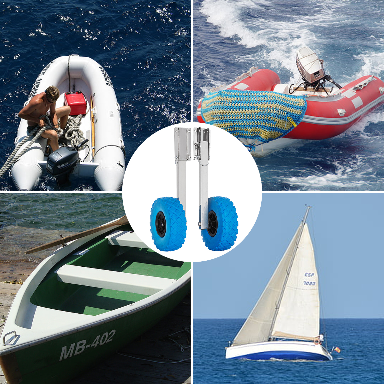 VEVOR boat transom launching wheel with different types of boats on the water.