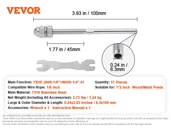 VEVOR cable railing tensioner, 3.93x1.77 inches, t316 stainless steel, includes wrench and manual.