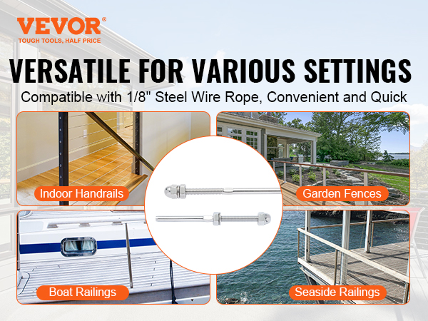 VEVOR cable railing tensioner for indoor handrails, garden fences, boat railings, and seaside railings.