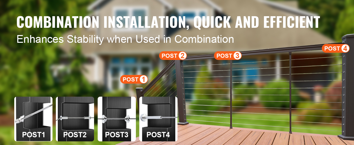 VEVOR cable railing tensioner system on a wooden deck with labeled installation posts.