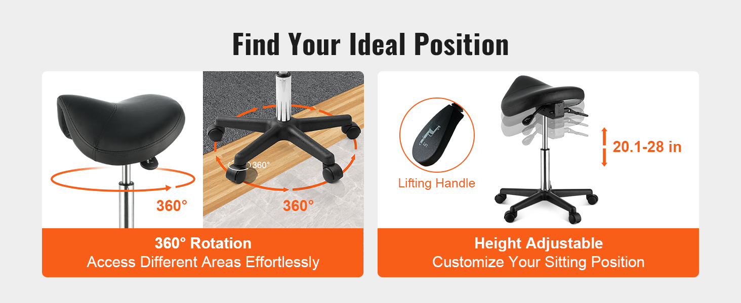 VEVOR saddle stool with 360° rotation and height adjustment from 20.1 to 28 inches.