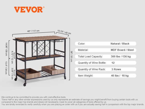 VEVOR bar cart with mdf board/steel, holds 12 wine bottles, 3 wine racks, and supports 300 lbs.