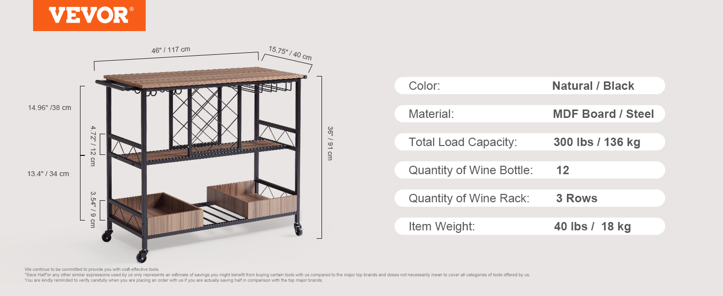 VEVOR bar cart with mdf board/steel, holds 12 wine bottles, 3 wine racks, and supports 300 lbs.