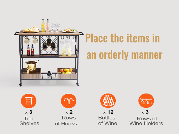 VEVOR bar cart with 3-tier shelves, wine bottles, glasses, hooks, and holders, perfect for organized storage.