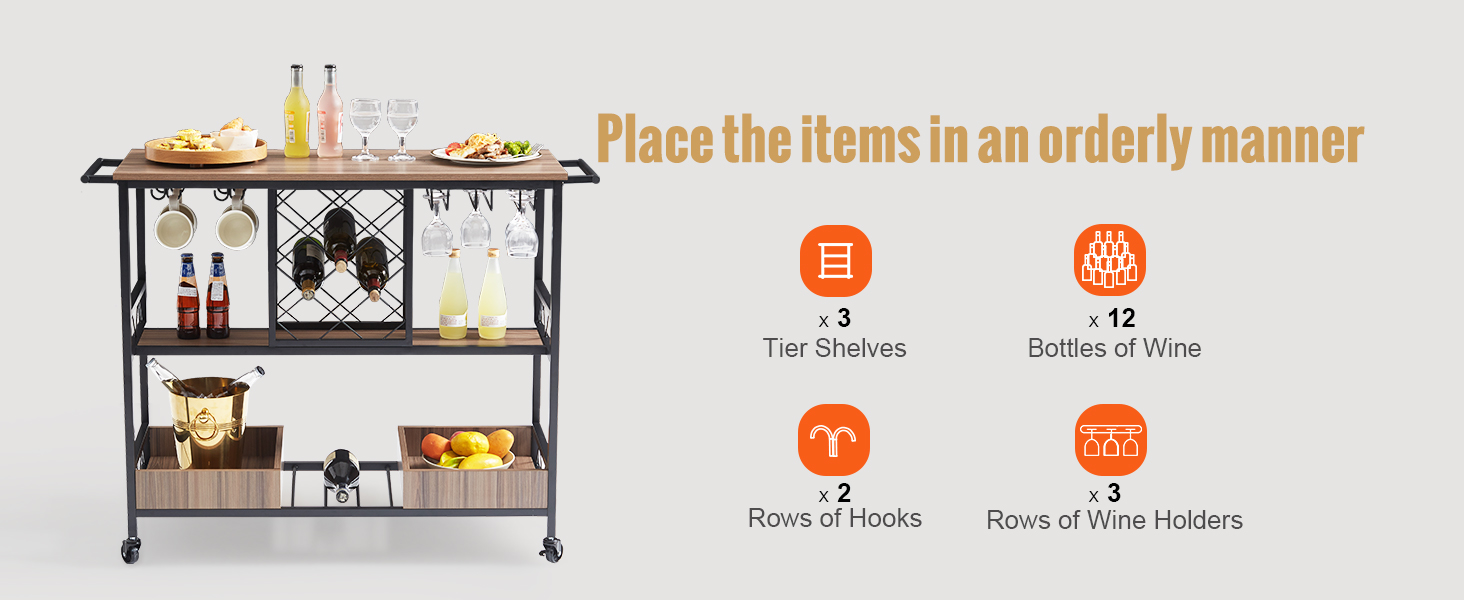 VEVOR bar cart with 3-tier shelves, wine bottles, glasses, hooks, and holders, perfect for organized storage.