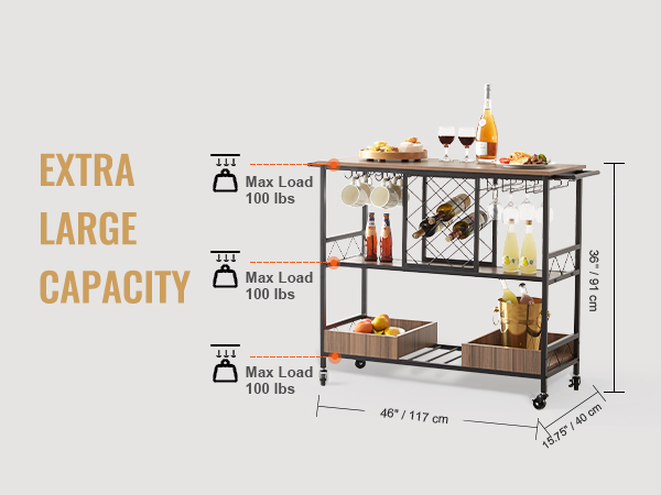 VEVOR bar cart with 100 lbs max load per shelf, extra large capacity, and dimensions 46"x15.75"x36".