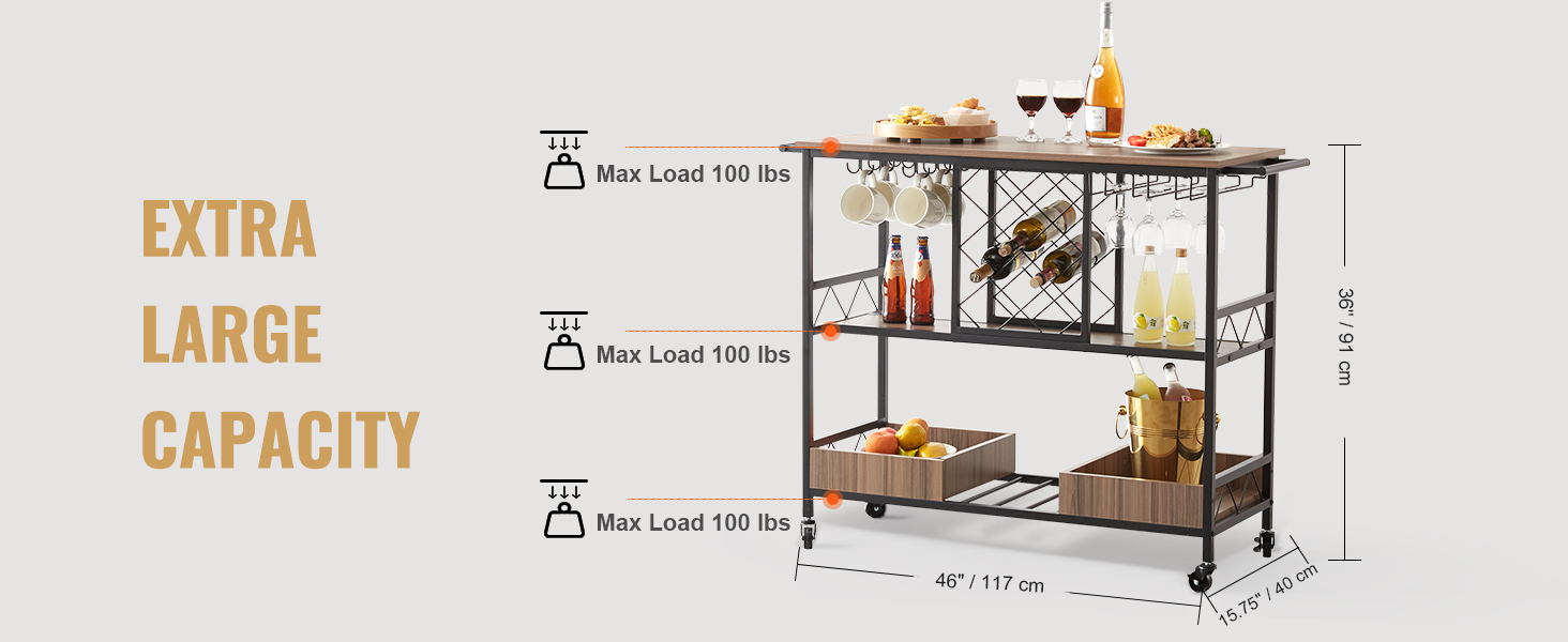 VEVOR bar cart with 100 lbs max load per shelf, extra large capacity, and dimensions 46"x15.75"x36".