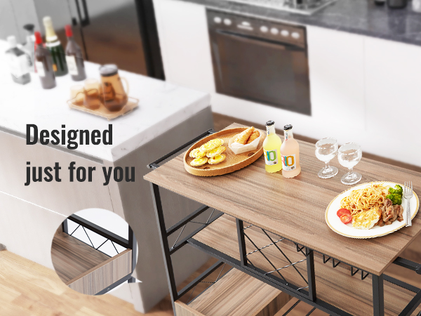 VEVOR bar cart with appetizers, drinks, and a plate of pasta, set in a modern kitchen.