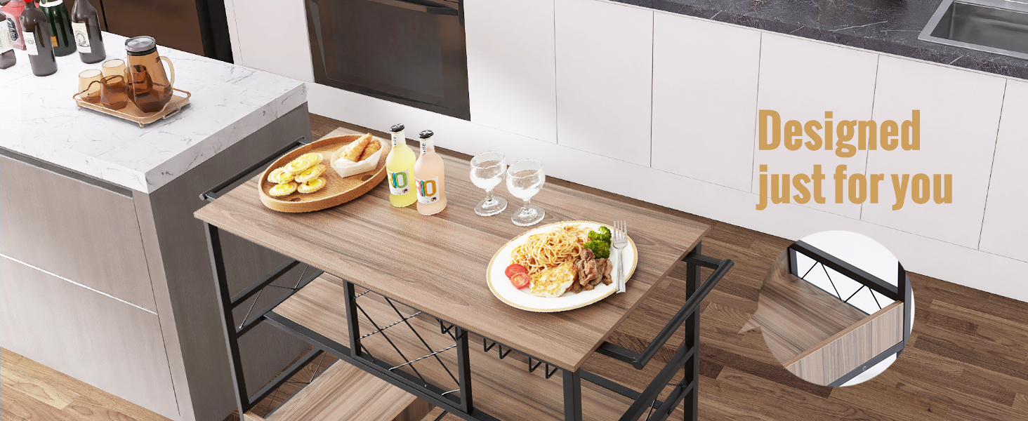 VEVOR bar cart with appetizers, drinks, and a plate of pasta, set in a modern kitchen.