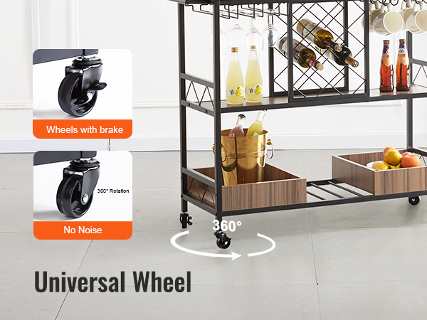 VEVOR bar cart featuring universal wheels with brake, 360° rotation, and storage for beverages and fruits.