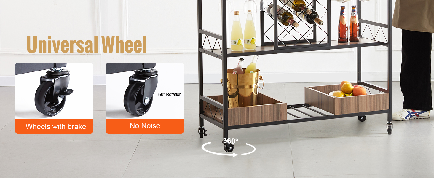 VEVOR bar cart featuring universal wheels with brake, 360° rotation, and storage for beverages and fruits.