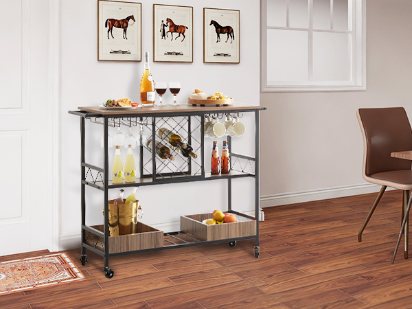 VEVOR bar cart in dining room with bottles, glasses, and snacks, wooden shelves, and modern design.