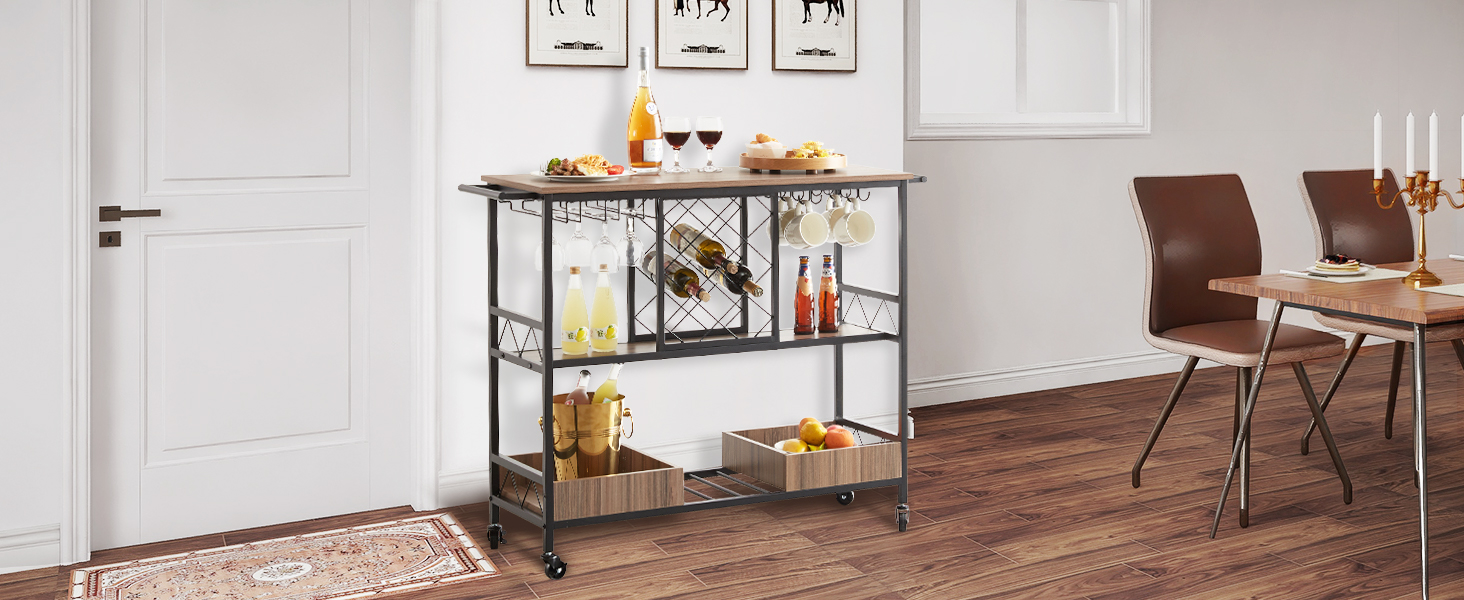 VEVOR bar cart in dining room with bottles, glasses, and snacks, wooden shelves, and modern design.