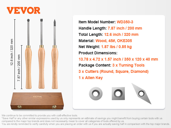 VEVOR wood lathe chisel set with wooden handles, three cutters, and a sturdy wooden case.