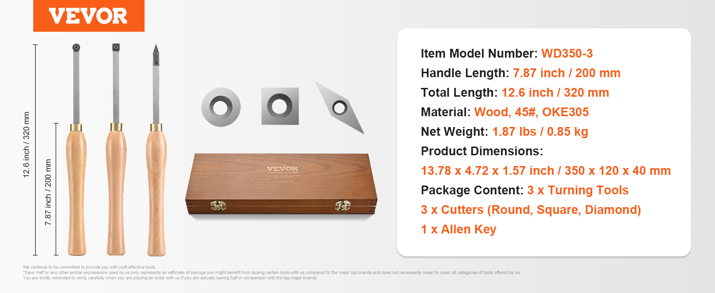 VEVOR wood lathe chisel set with wooden handles, three cutters, and a sturdy wooden case.