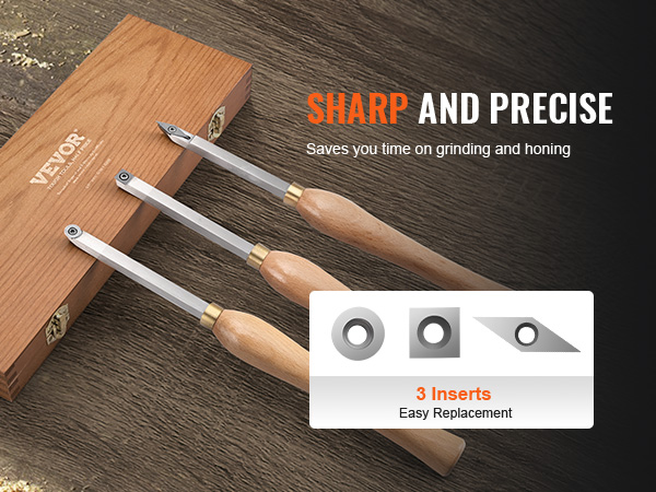 VEVOR wood lathe chisel set with wooden handles, 3 inserts, and a storage box, sharp and precise tools.