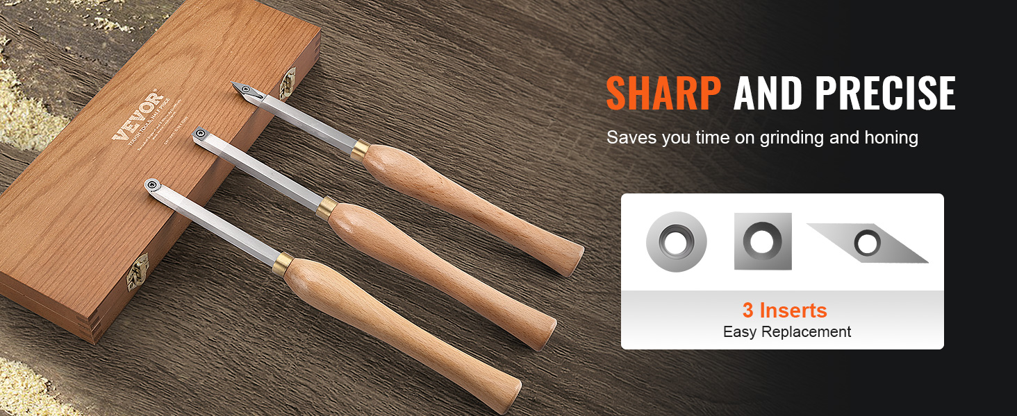 VEVOR wood lathe chisel set with wooden handles, 3 inserts, and a storage box, sharp and precise tools.