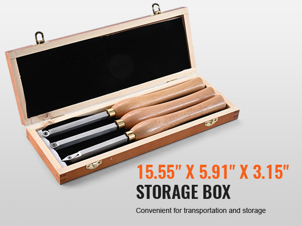 VEVOR wood lathe chisel set in wooden storage box with three chisels, dimensions 15.55"x5.91"x3.15".