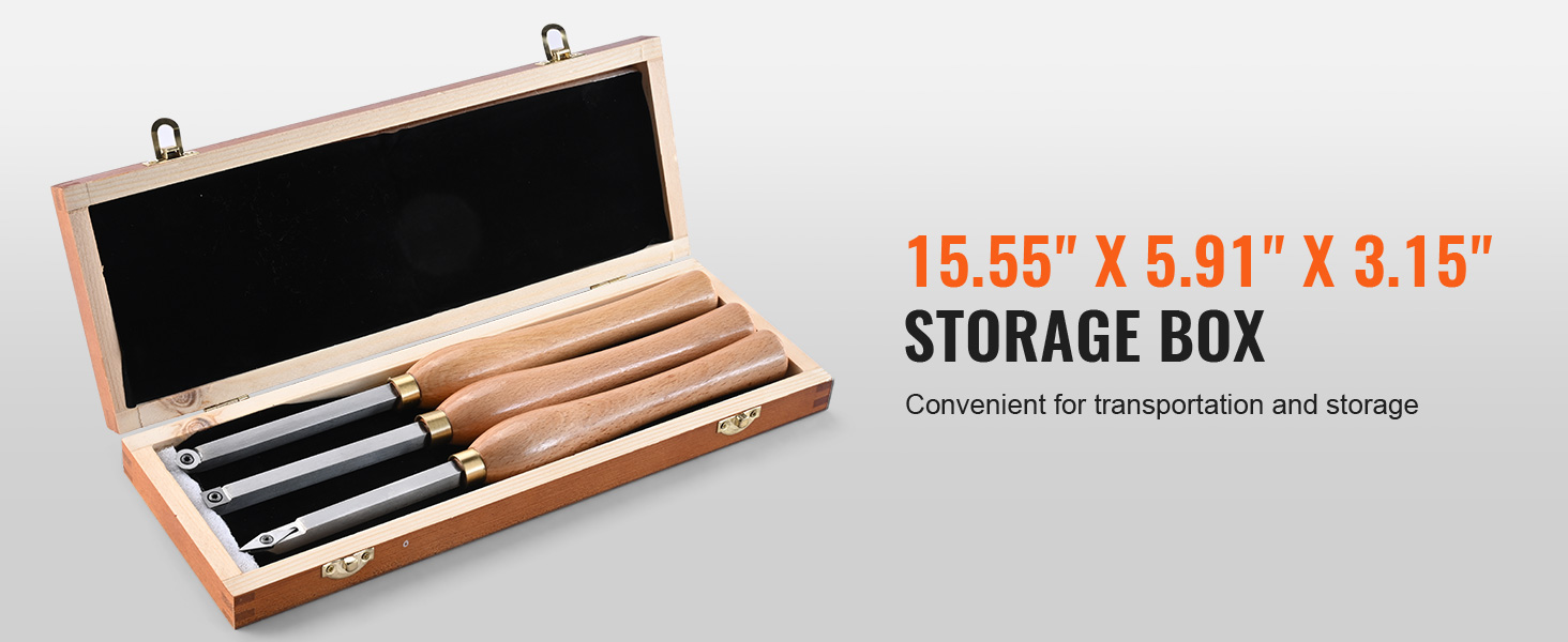 VEVOR wood lathe chisel set in wooden storage box with three chisels, dimensions 15.55"x5.91"x3.15".