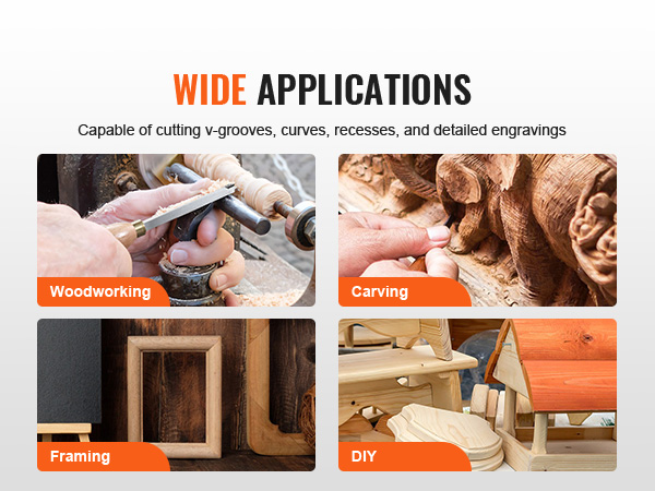 wide applications of VEVOR wood lathe chisel set for woodworking, carving, framing, and diy projects.