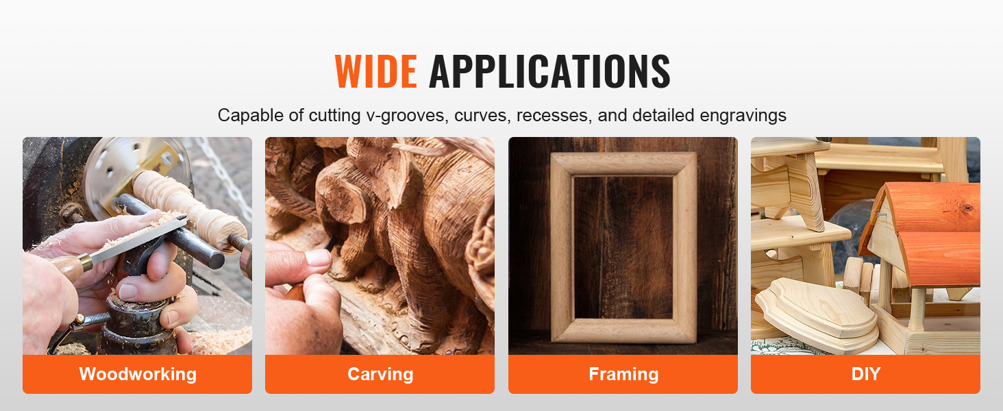 wide applications of VEVOR wood lathe chisel set for woodworking, carving, framing, and diy projects.