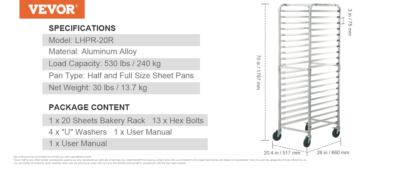 VEVOR bun pan rack, aluminum alloy, 20 slots for sheet pans, 530 lbs capacity, 70"x26"x20.4".
