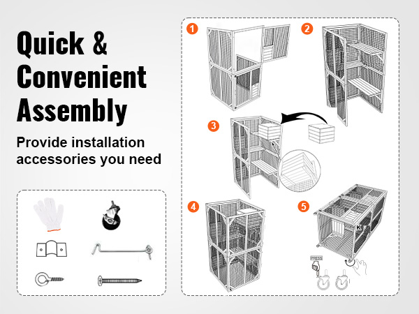 quick assembly guide for VEVOR cat house outdoor, showing installation steps and accessories.