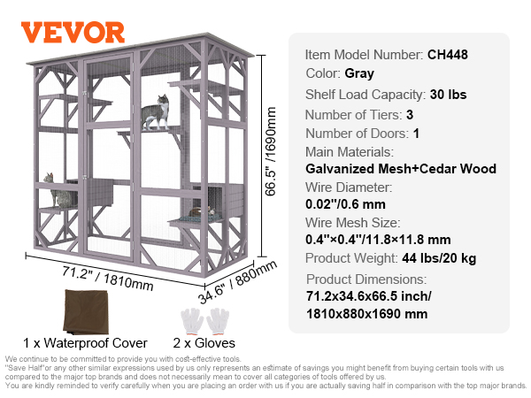 VEVOR cat house outdoor: gray cedar wood, galvanized mesh, 3 tiers, 1 door, 30 lbs shelf load capacity.